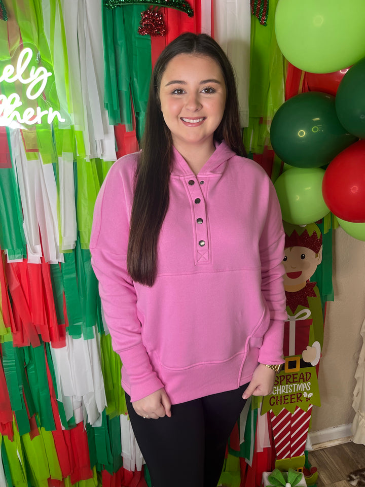 Fleece Half Snap Button Hooded Sweatshirt - Candy Pink