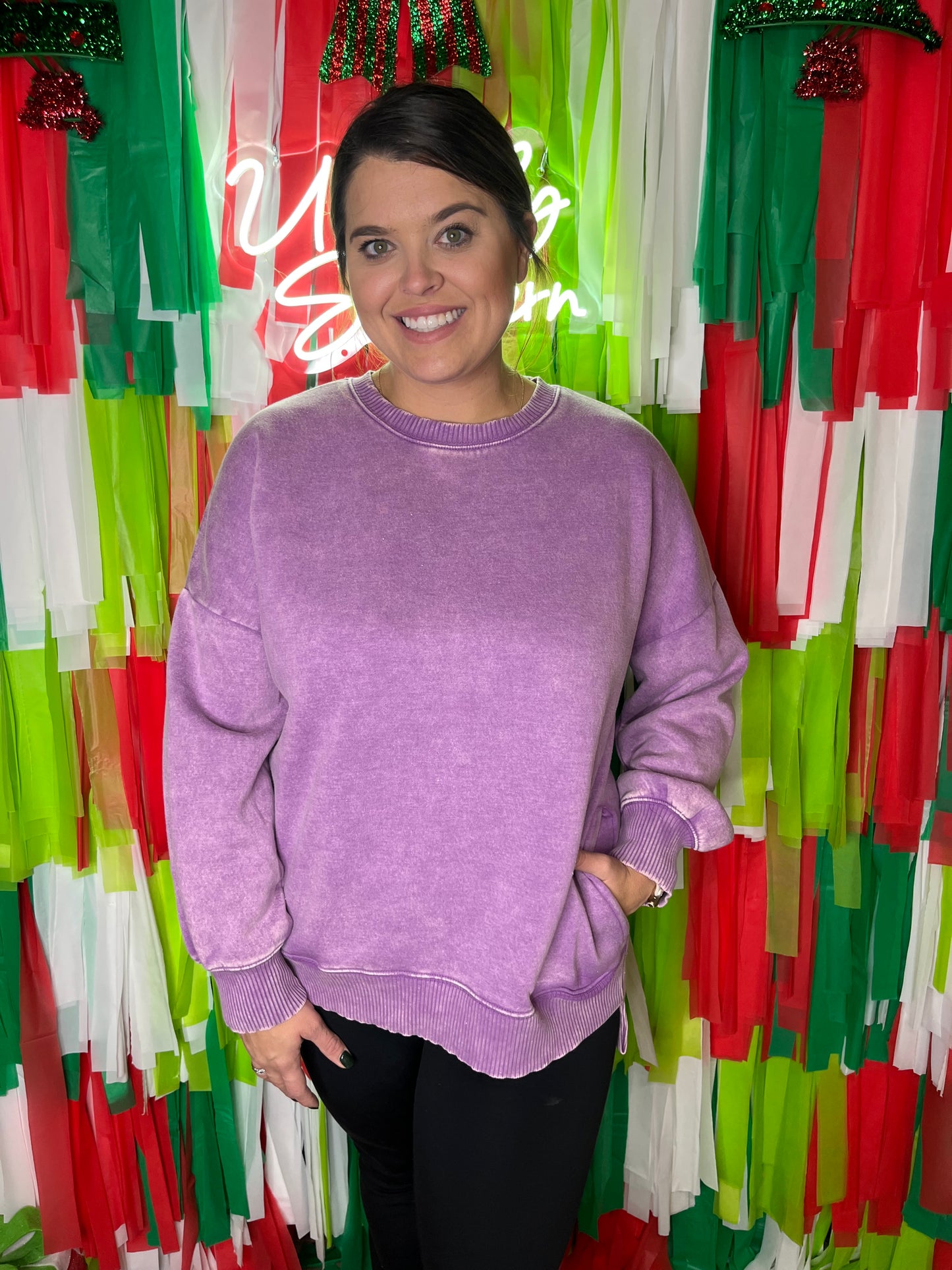 Acid Wash Fleece Hi-Low Hem Pullover W/ Pockets - Violet