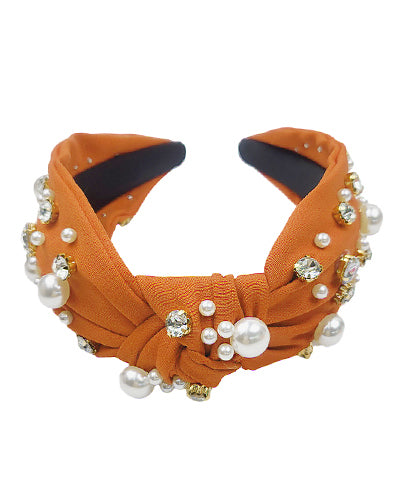 Pearl & Crystal Studded Knotted Headband-Brown