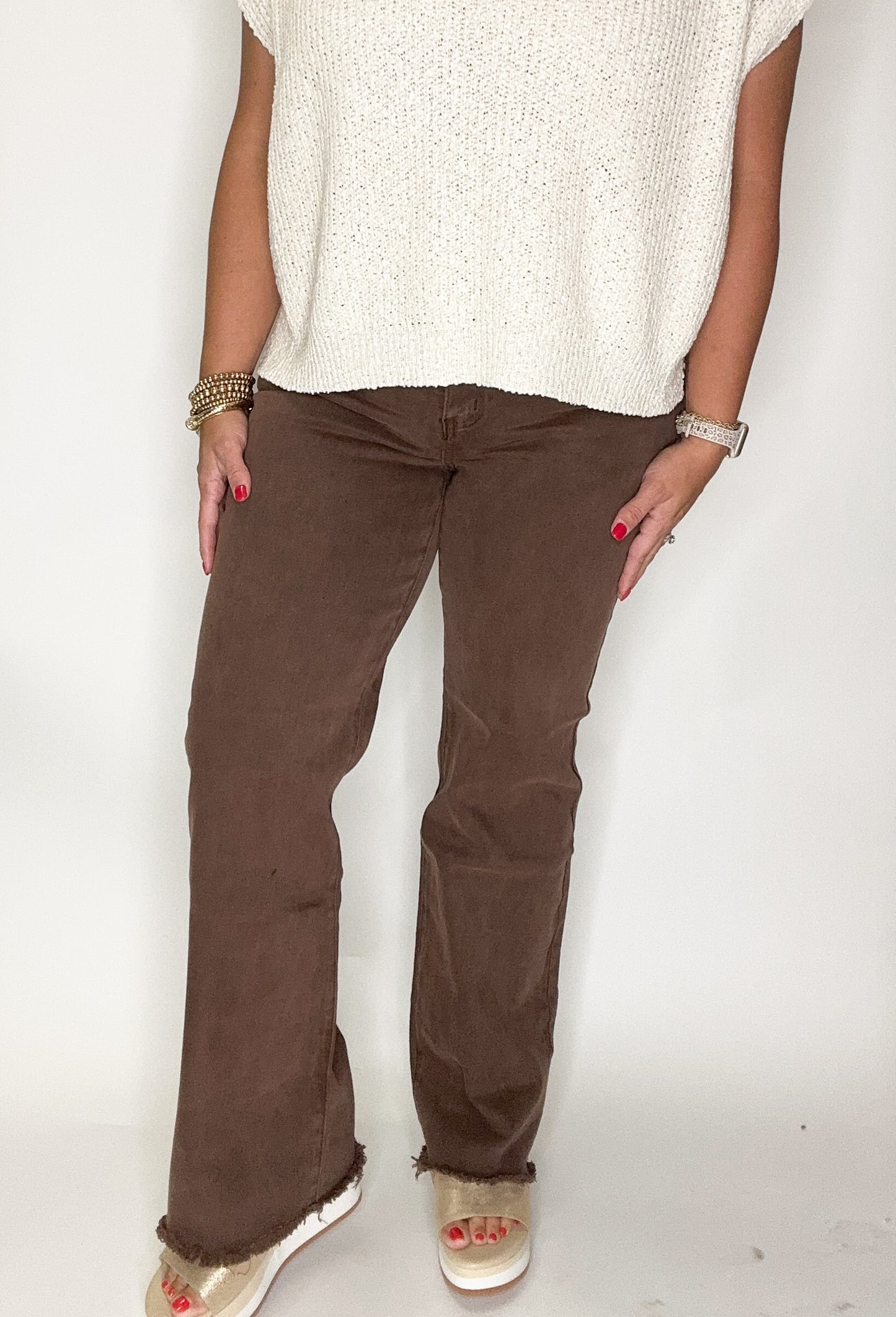 Brown Acid Washed Framed Wide Leg Pants