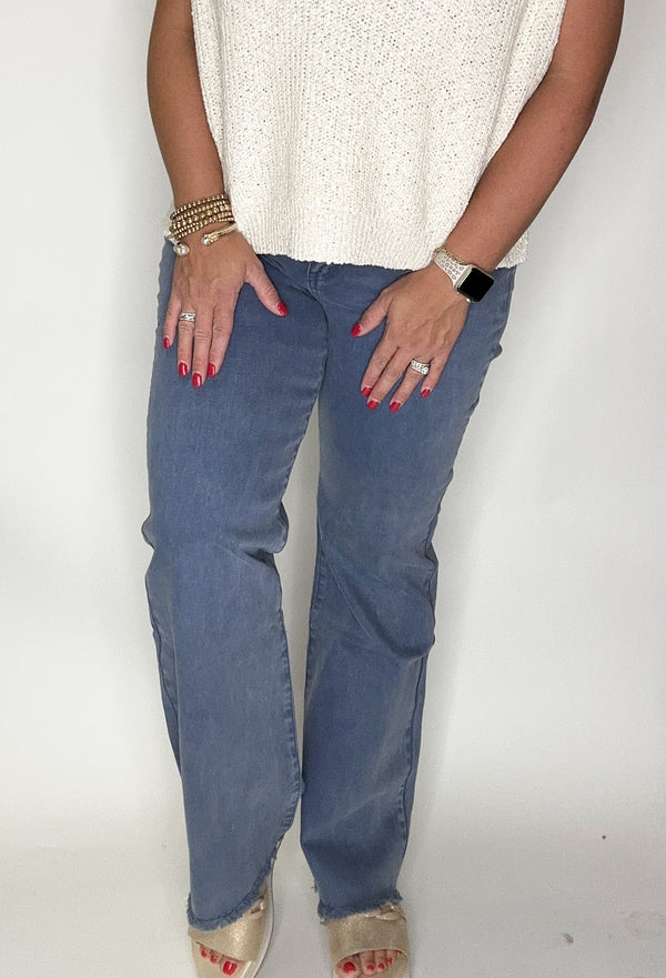 Navy Acid Washed Framed Wide Leg Pants