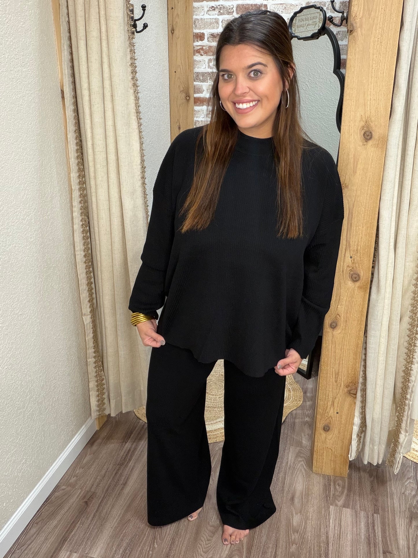 VISCOSE SWEATER TOP & PANTS SET | BLACK