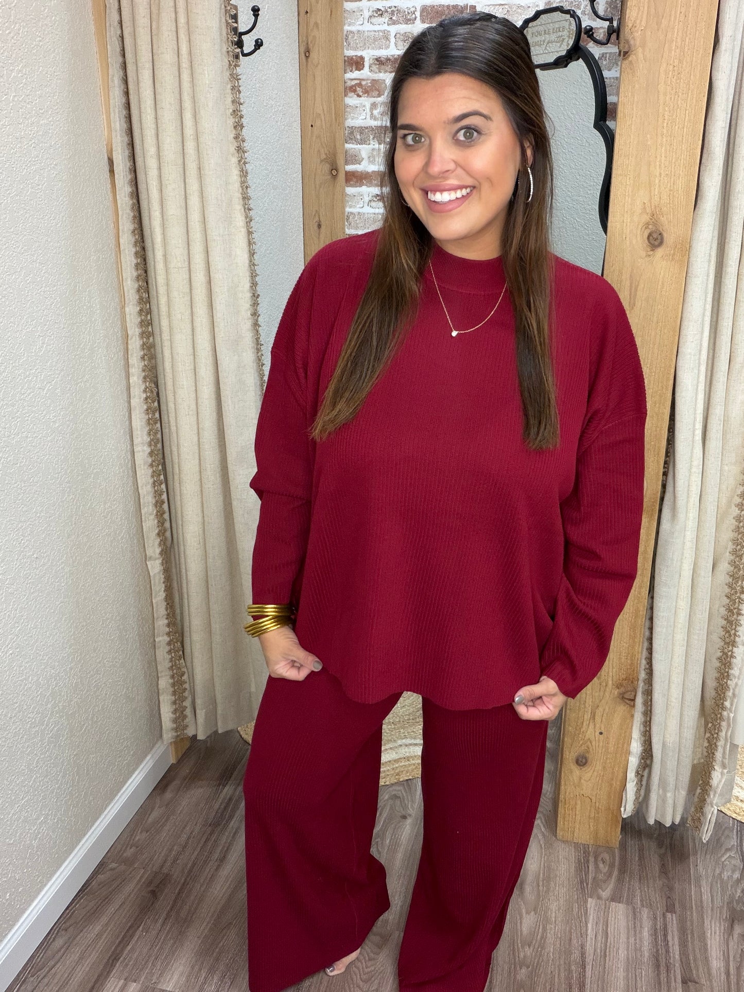 VISCOSE SWEATER TOP & PANTS SET | CABERNET