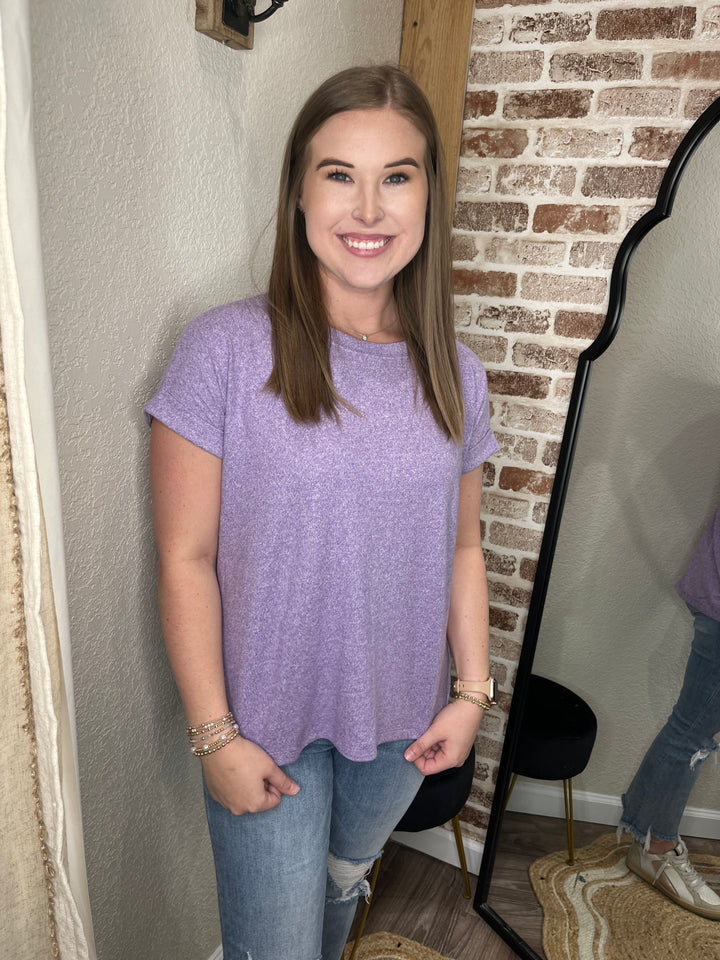 SOFT MELANGE HACCI SHORT SLEEVE ROUND NECK TOP | LAVENDER