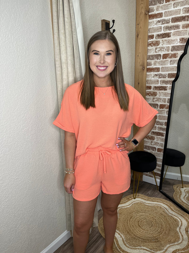 WOVEN AIRFLOW TOP & SHORTS SET | CORAL
