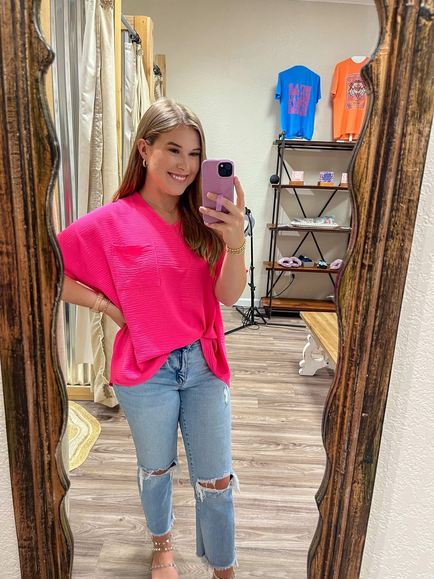 The Jackie Woven Airflow Pocket Top| Neon Fuchsia