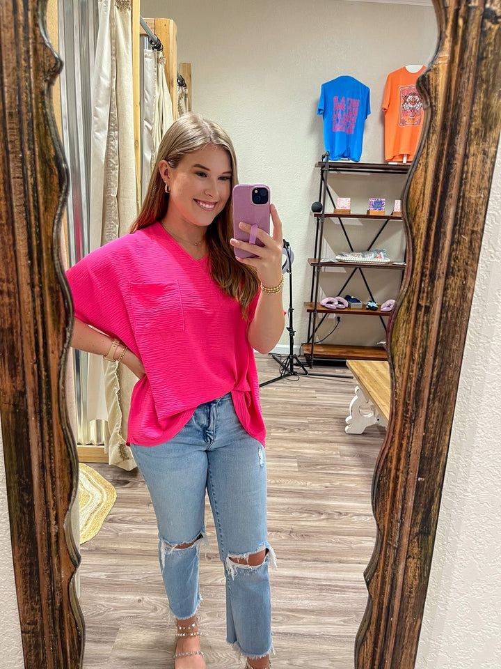 The Jackie Woven Airflow Pocket Top| Neon Fuchsia