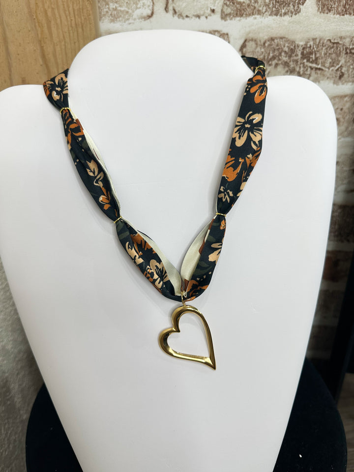 Black with neutral flowers- heart pendant