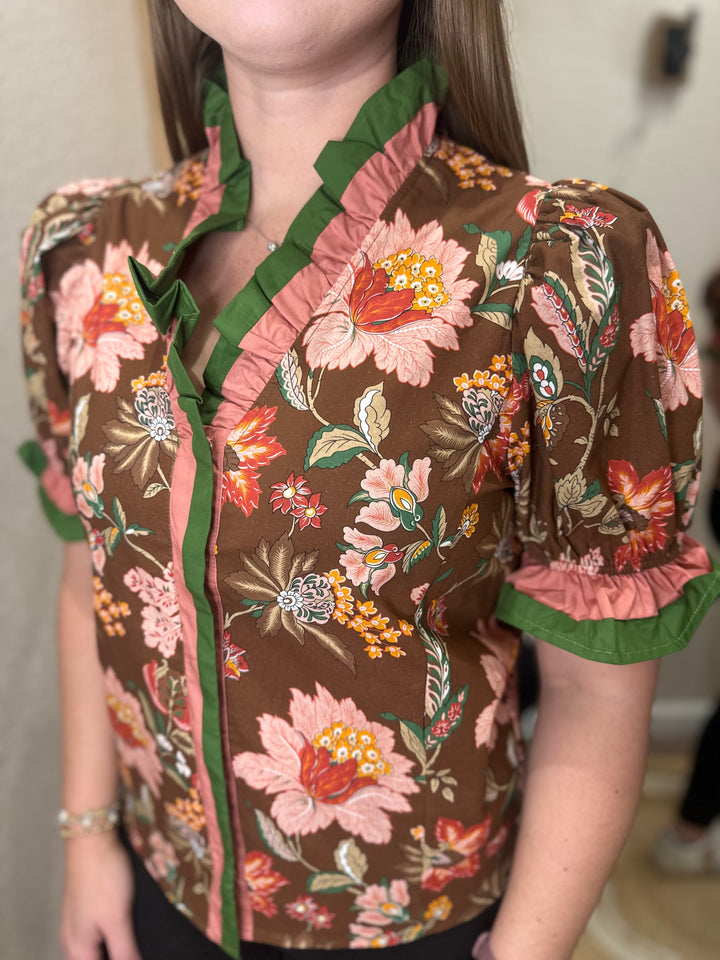 Curvy- Alaiya Brown Floral Top