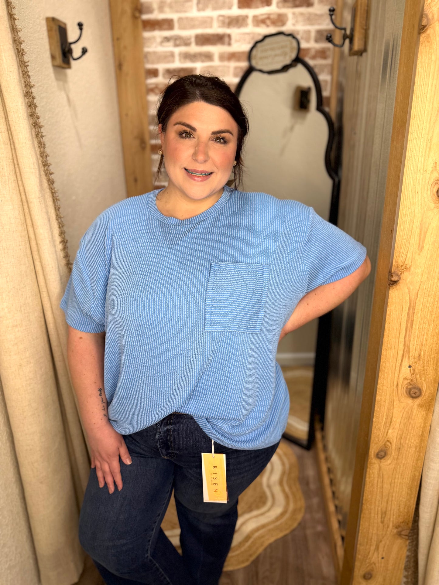 Curvy Sadie Raised Ribbed Top| Sky Blue