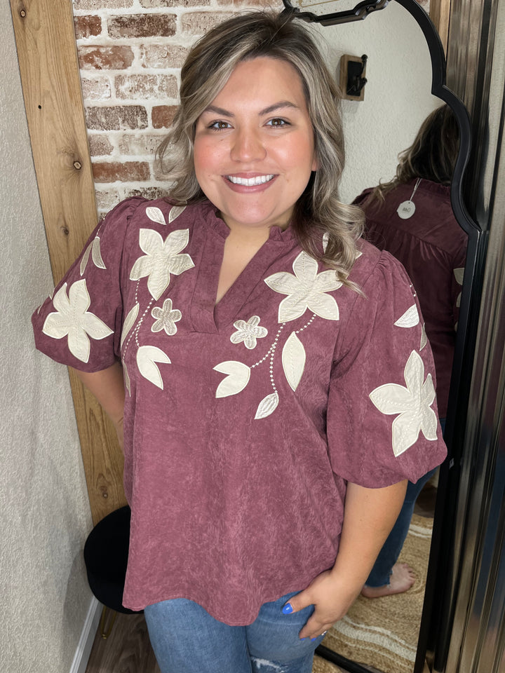 Curvy- Magnolia Mauve Embroidered Top