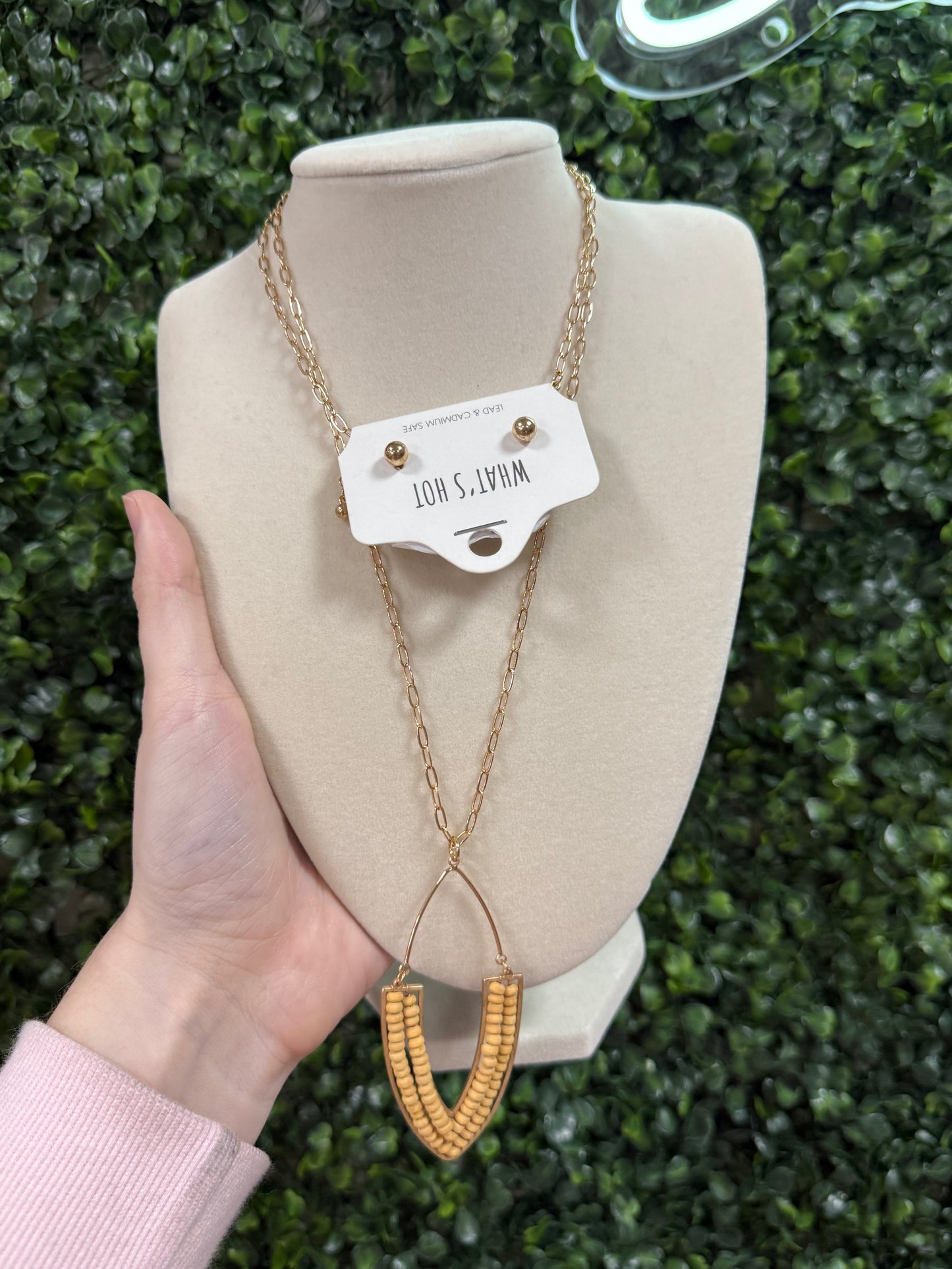 Wood Beaded Gold Chain Necklace