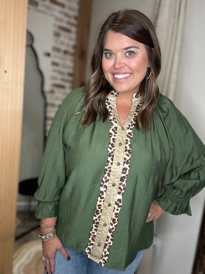 Reece Olive Top with Leopard Trim