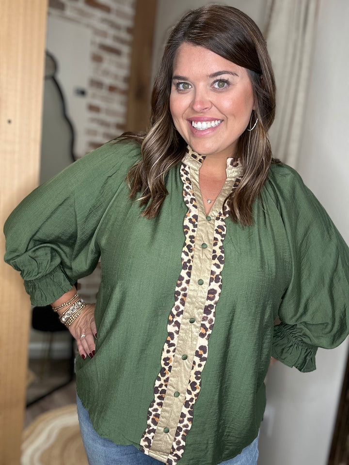 Reece Olive Top with Leopard Trim