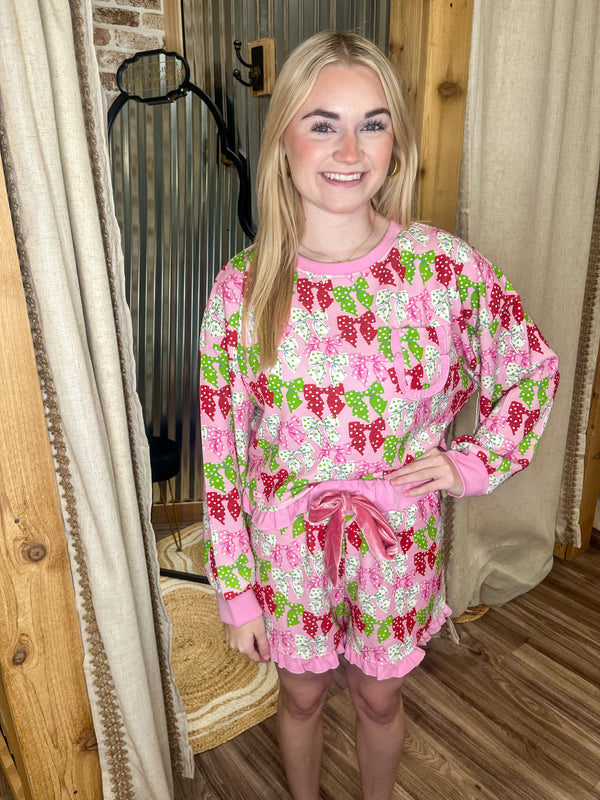 SIMPLY SOUTHERN DOTS RUFFLE PJ SHORTS & LONG SLEEVE T-SHIRT SET