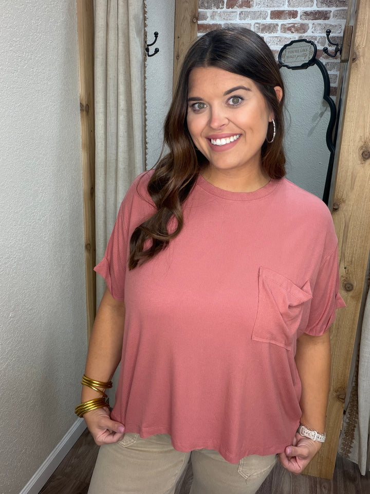 WINTER ROSE | OVERSIZED RIBBED ROUND NECK SHORT SLEEVE TEE