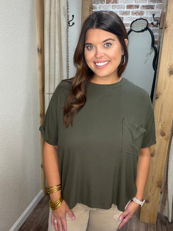 DK OLIVE | OVERSIZED RIBBED ROUND NECK SHORT SLEEVE TEE
