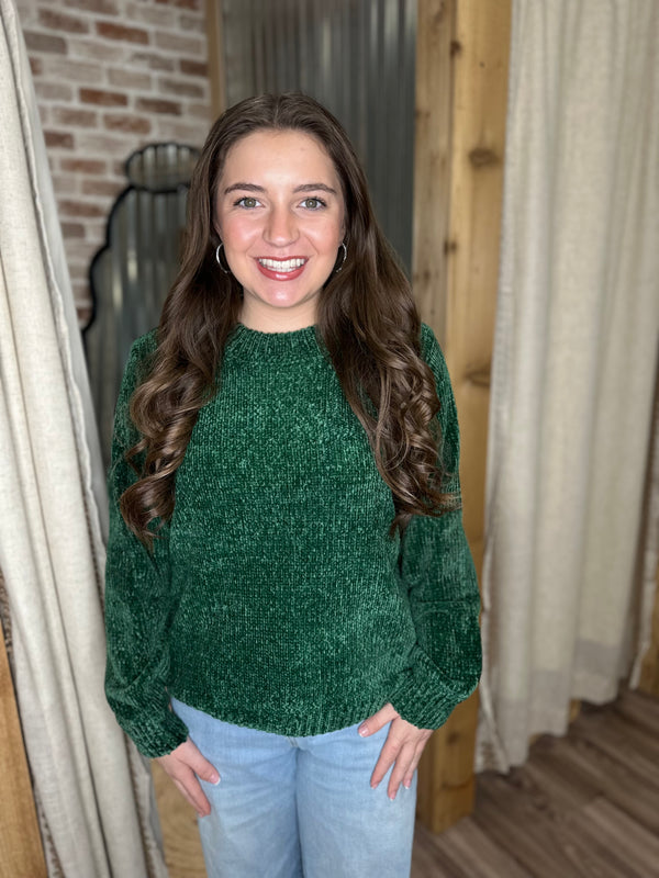 DK GREEN | ROUND NECK CHENILLE SWEATER