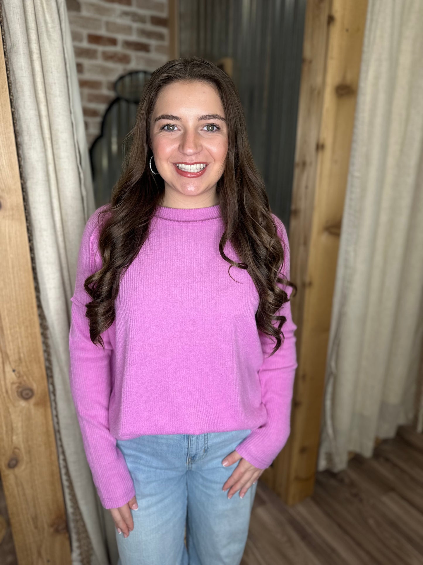 BRIGHT MAUVE| BRUSHED RIBBED HACCI HI-LOW SWEATER