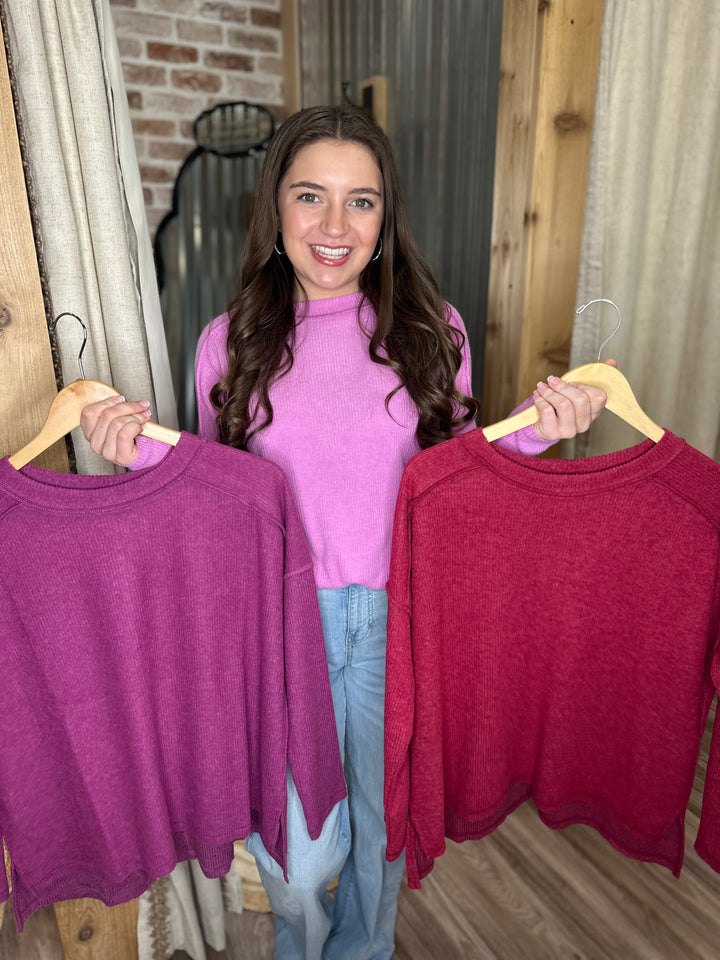 BRIGHT MAUVE| BRUSHED RIBBED HACCI HI-LOW SWEATER