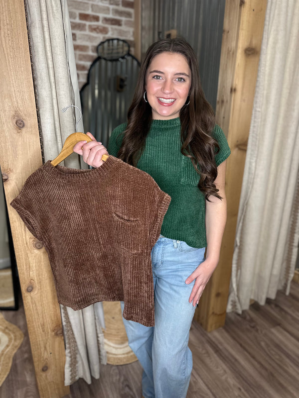 DK GREEN | CHENILLE WAFFLE SHORT SLEEVE SWEATER