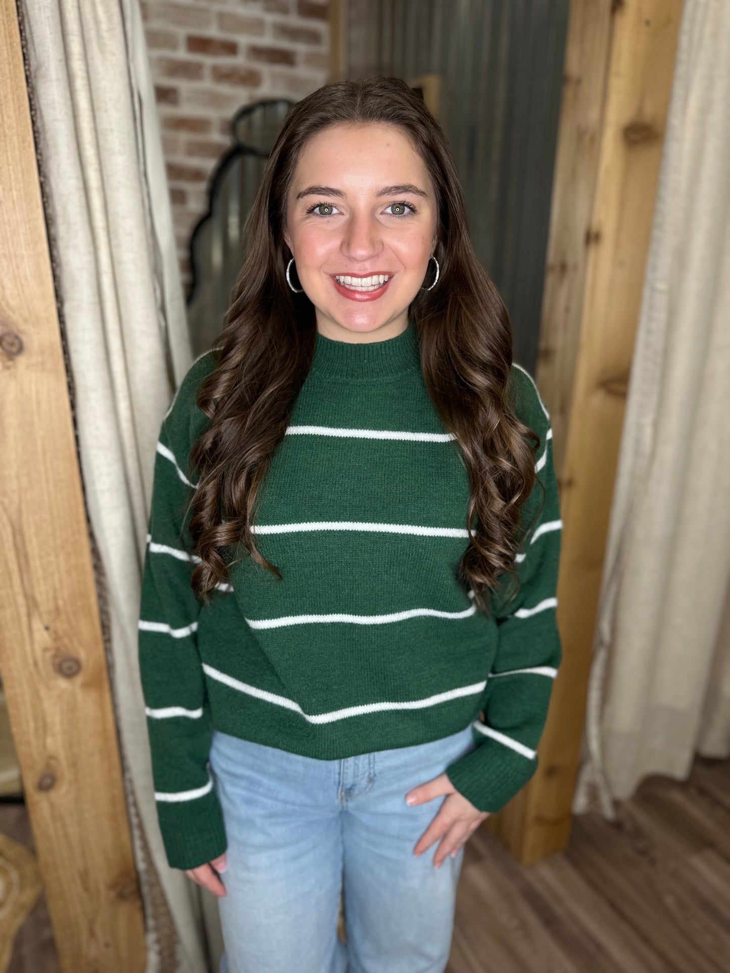 DK GREEN/IVORY | ROUND NECK STRIPE SWEATER