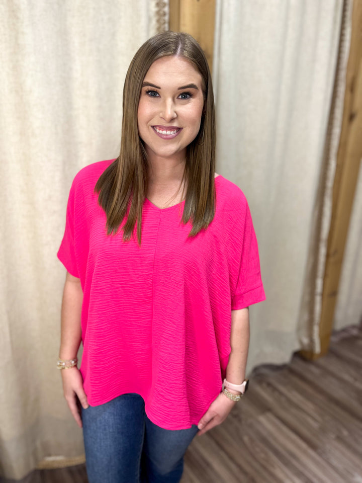 Lainey Woven V-Neck Airflow Top| Hot Pink