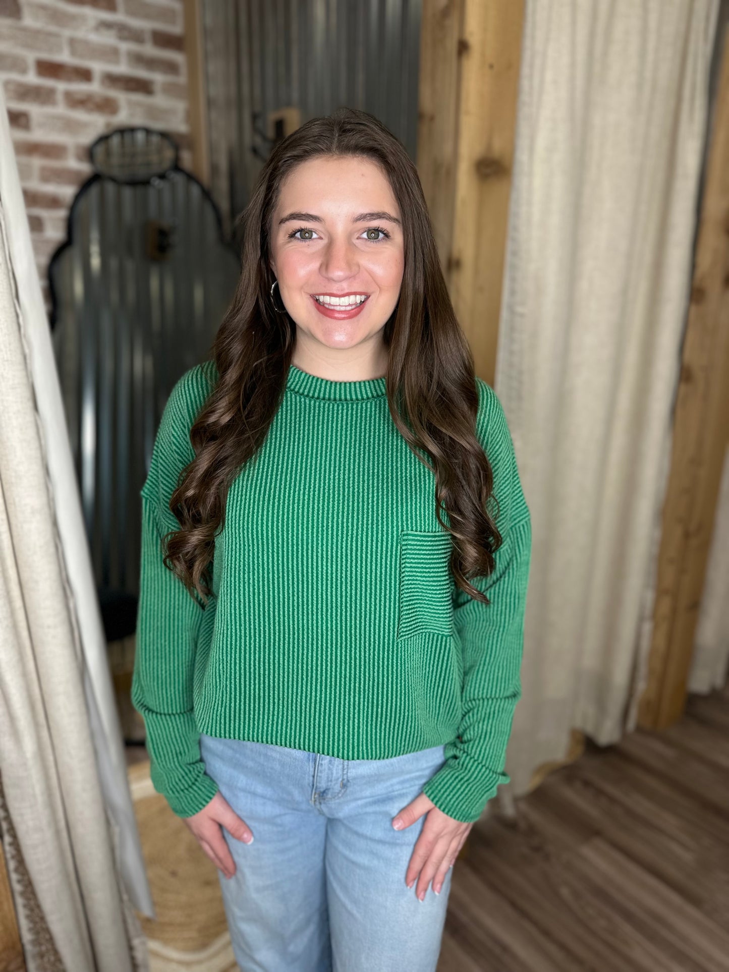 DK GREEN |RAISED RIB LONG SLEEVE DROP SHOULDER TOP