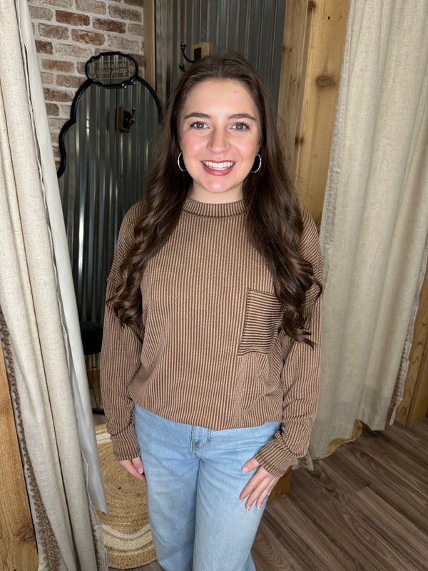 BROWN |RAISED RIB LONG SLEEVE DROP SHOULDER TOP