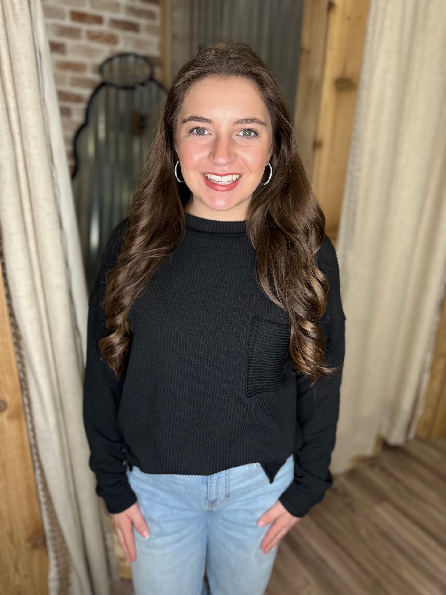 BLACK |RAISED RIB LONG SLEEVE DROP SHOULDER TOP