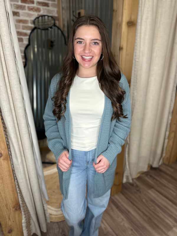 BLUE GREY | WAFFLE OPEN CARDIGAN SWEATER