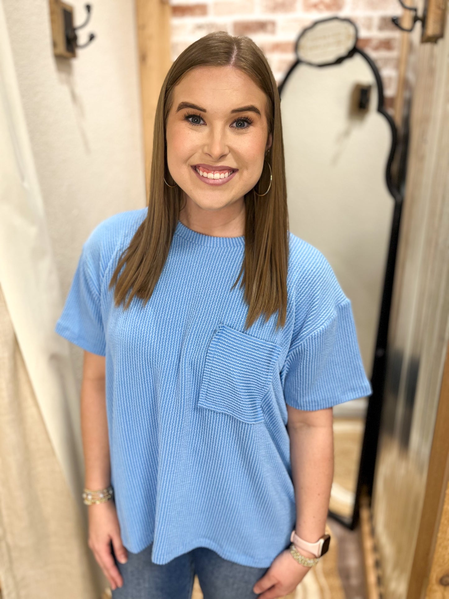 Sadie Raised Ribbed Top| Sky Blue