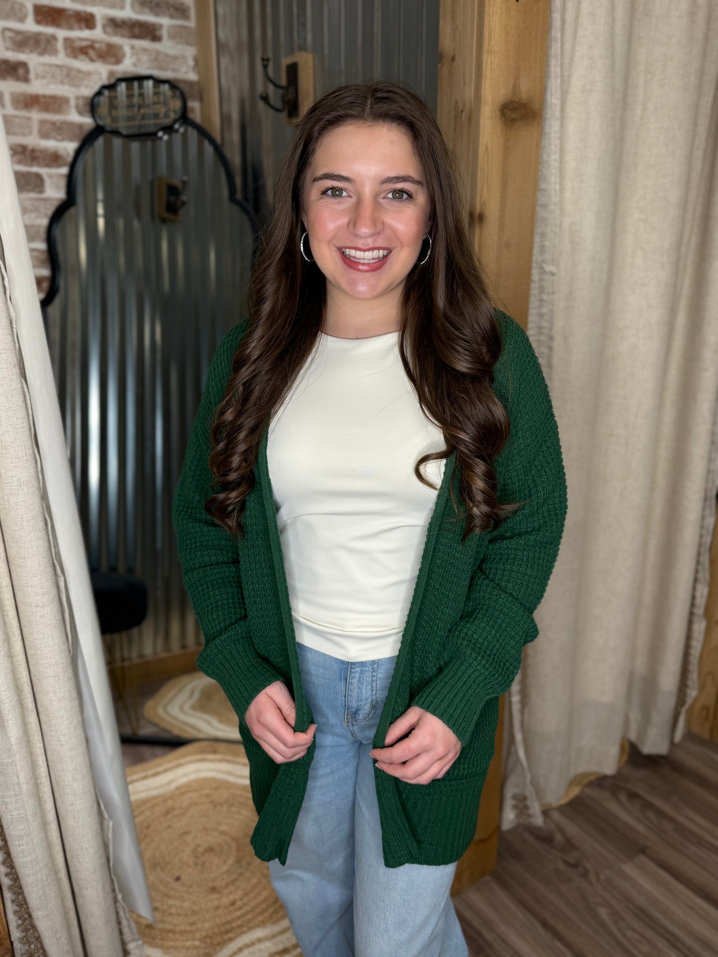 DK GREEN | WAFFLE OPEN CARDIGAN SWEATER