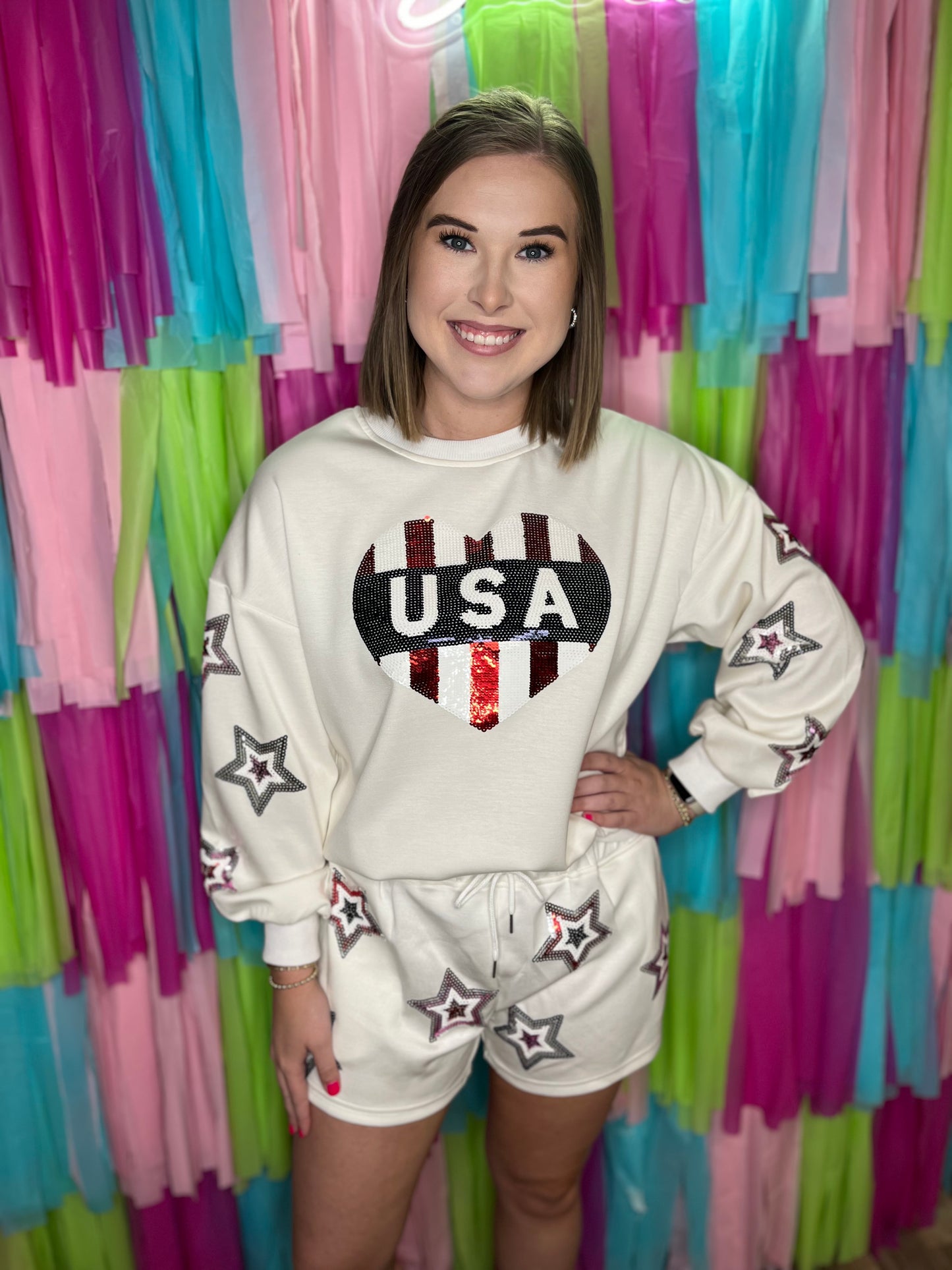 Simply Southern USA Sequin Sweater Set - WHITE