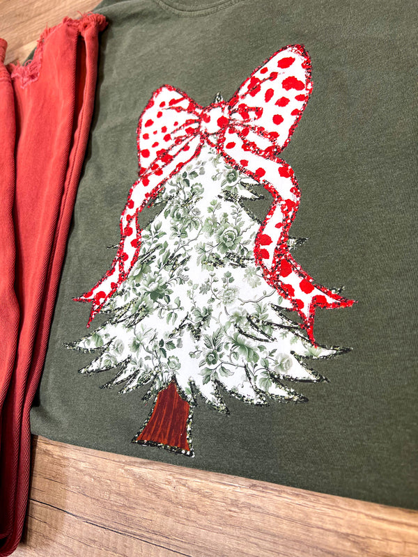 Floral Christmas Tree W/ Glitter Bow T-Shirt