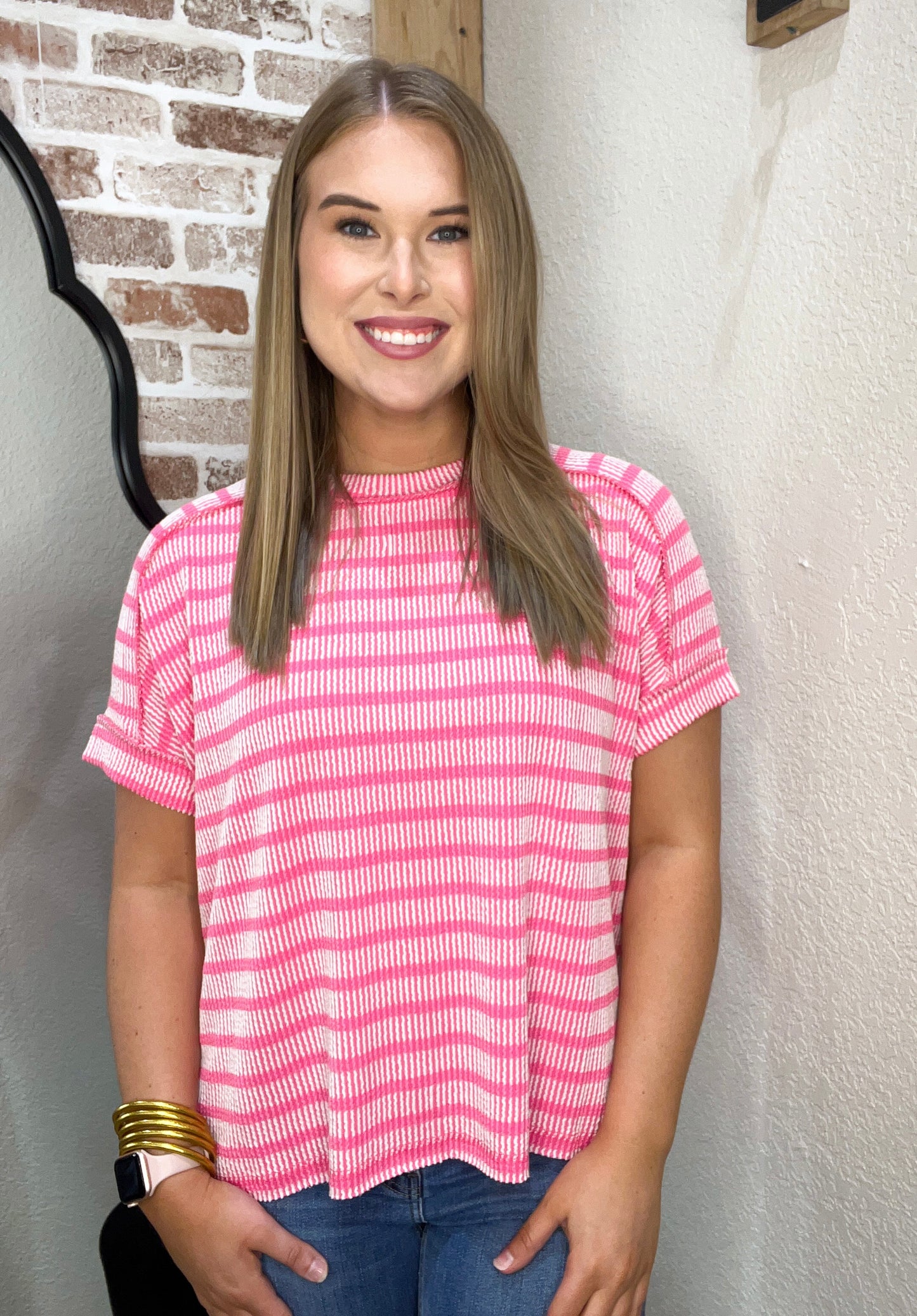 HOT PINK | RAISED RIB STRIPED EXPOSED SEAM TOP