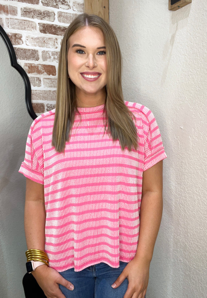 HOT PINK | RAISED RIB STRIPED EXPOSED SEAM TOP