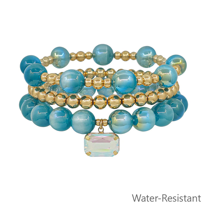 Iveigh Beaded & Gold Square Crystal Bracelet| Turquoise