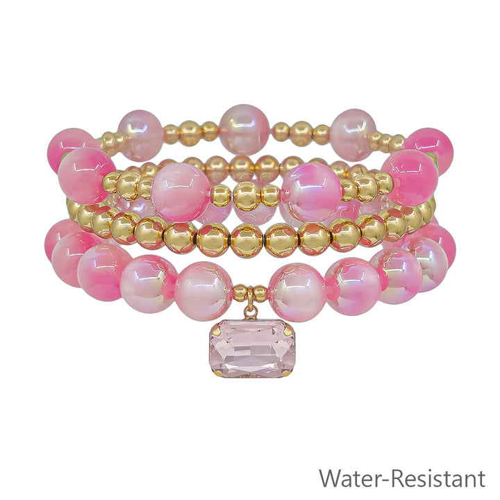 Iveigh Beaded & Gold Square Crystal Bracelet| Pink