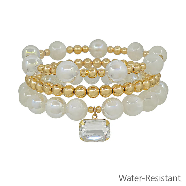 Iveigh Beaded & Gold Square Crystal Bracelet| White