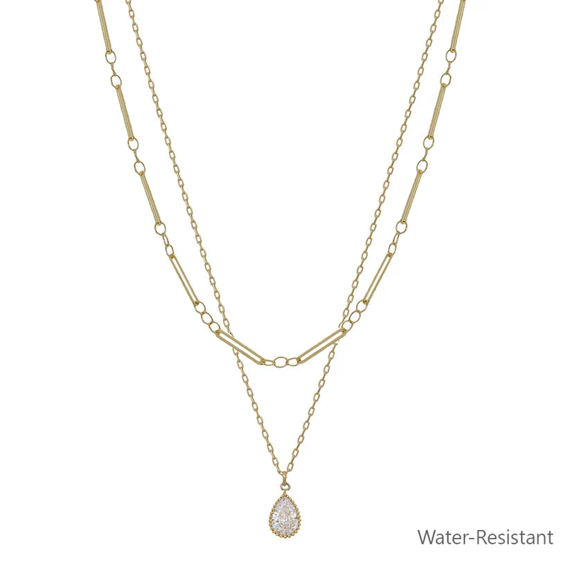 Water Resistant Gold Double Layered with Teardrop Pearl Charm 16"-18" Necklace