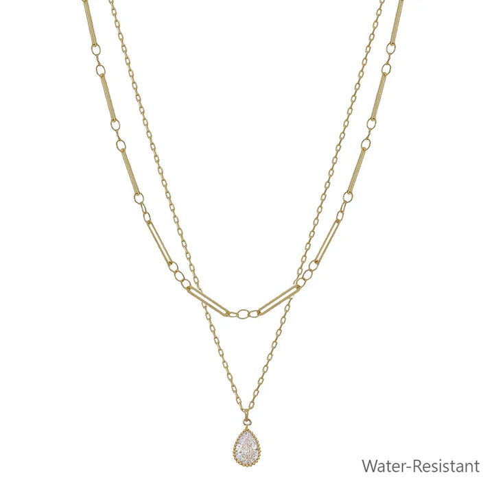 Water Resistant Gold Double Layered with Teardrop Pearl Charm 16"-18" Necklace