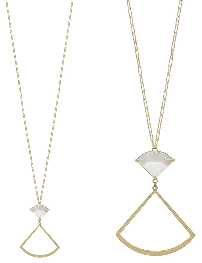 Clear Crystal Fan Shaped Pendant and Gold Necklace
