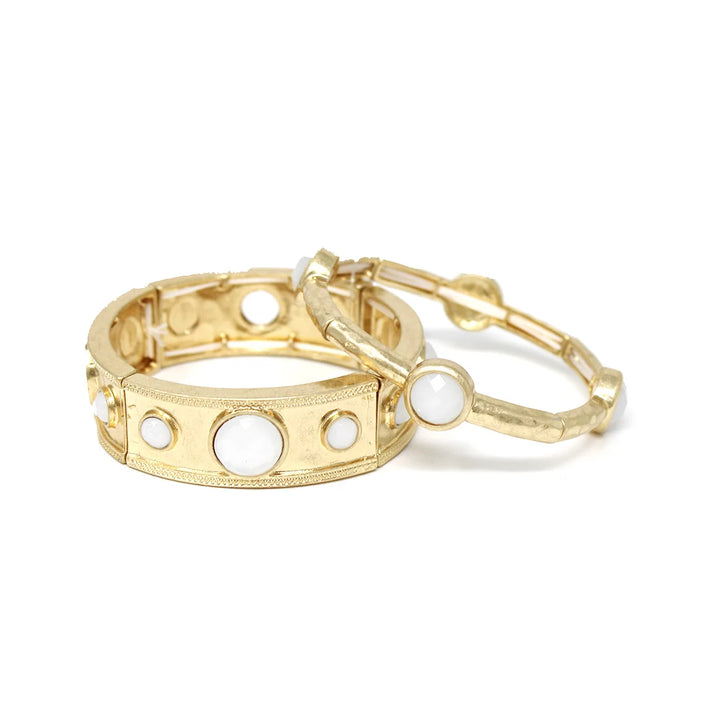 Hammered Gold with Pearl Circle Accents Stretch Bracelet and Bangle Set of 2 Bracelets