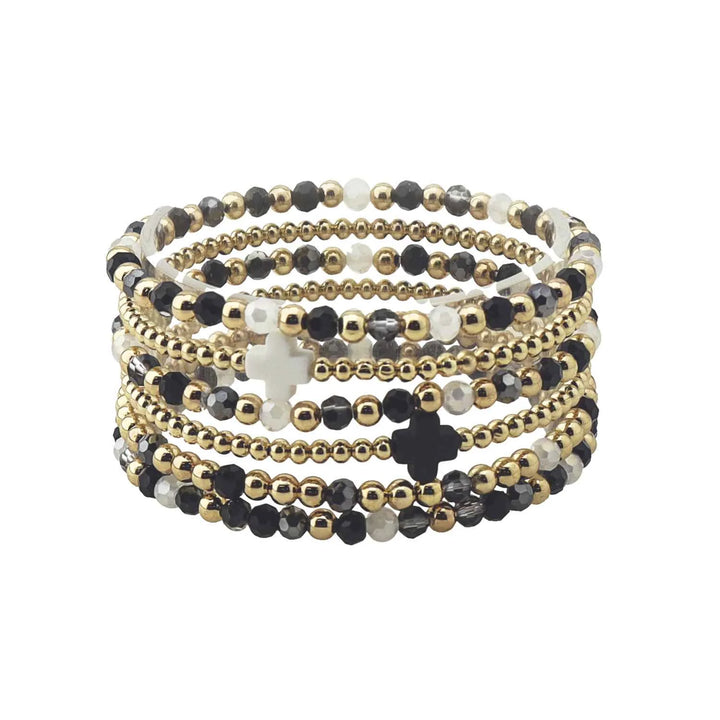 Black Crystal with Gold and Cross Set of 6 Stretch Bracelets