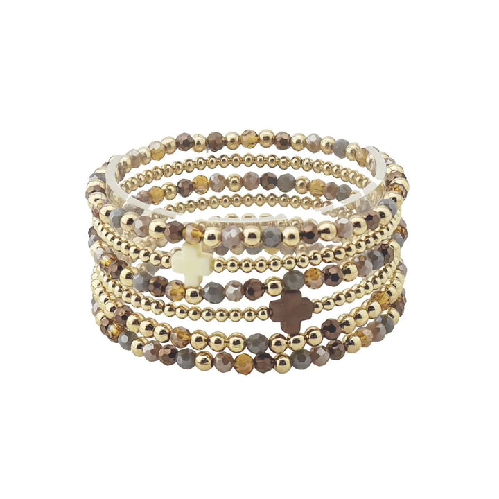 Brown Multi Crystal with Gold and Cross Set of 6 Stretch Bracelets