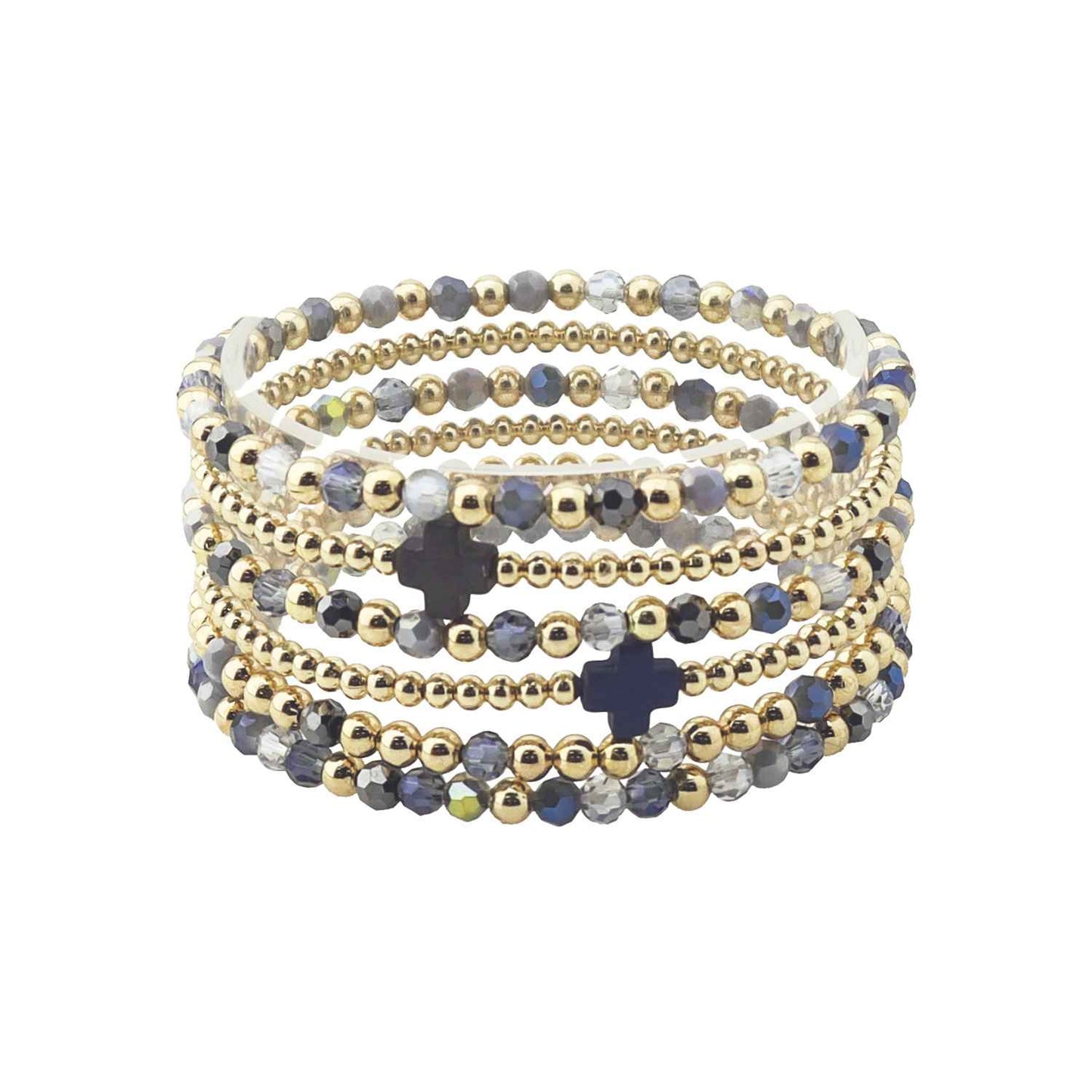Navy Multi Crystal with Gold and Cross Set of 6 Stretch Bracelets