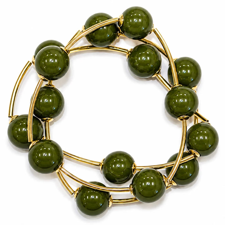 Olive Green with Gold Bar Set of 3 Stretch Bracelet