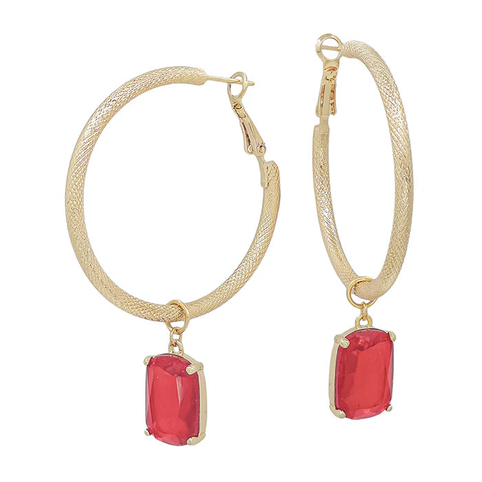 Gold Open Hoop with Red Pendant