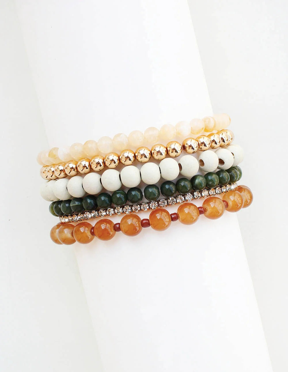 Set of 5 Natural and Green Beaded Stretch Bracelets